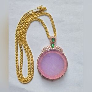 Vintage Burmese Lilac Lavender Jade Pendant w/ Rhinestones Necklace Tested